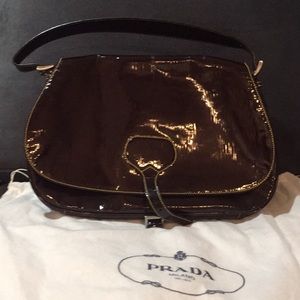 Brown with yellow stitching Prada shoulder bag